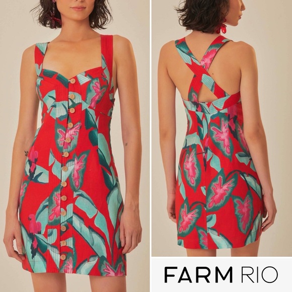 FARM Rio Dresses & Skirts - FARM Rio Summer Foliage Cross Back Mini Dress Red Medium NWT